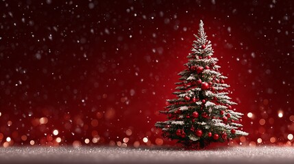 Red Christmas background with sparkling bokeh and xmas tree on canvas festive winter holiday backdrop Merry Christmas and Happy New Year card template with copy space