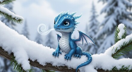 Adorable Baby Dragon Breathes Frost on Snowy Winter Branch