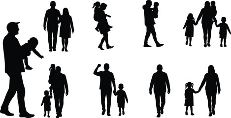 Family silhouettes standing together, parents and children interaction, bonding moments, cad drawing flat vector illustration, parenting and relationship concept