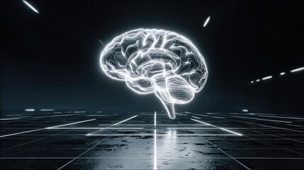 Futuristic Neon Brain with Digital Background Representing Artificial Intelligence and Thought Processes in Technology