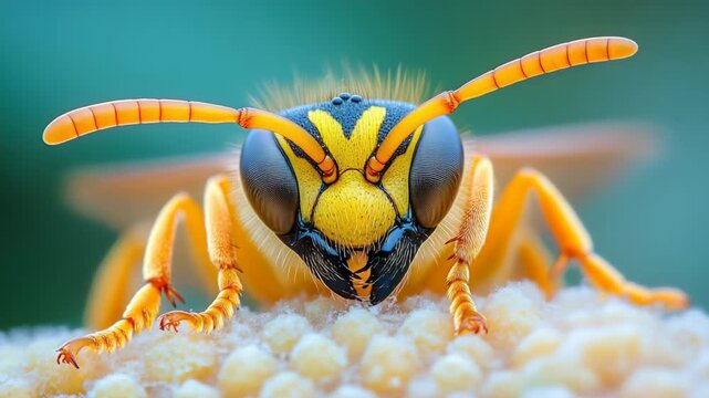 Extreme macro of wasp head with yellow and black patterns, highlighting detail, biology, insect world, pollination, ecology, and the importance of biodiversity in environmental balance and survival.