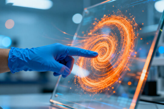 Hand interacting with digital spiral display