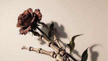 A dried rose blossom clutched by a skeletal hand, set against a cream backdrop