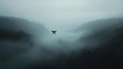 A drone hovers above a misty valley, shrouded in fog, revealing lush, forested slopes