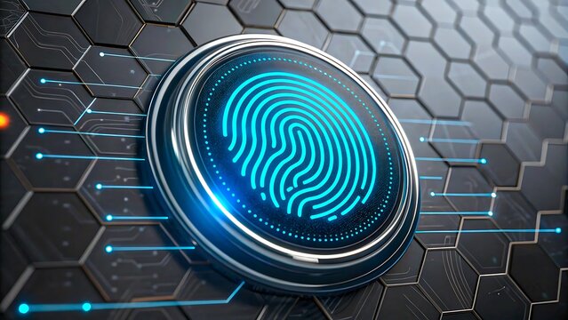 Digital fingerprint scanner with blue neon light on futuristic background
