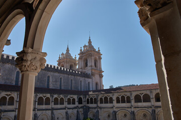 Architectural view of the Alcobaca Monastery from the upper gallery with Gothic arches and natural light