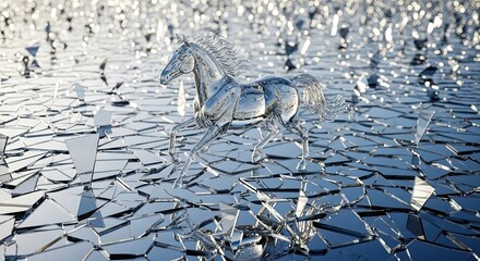 Crystal Horse Galloping Through a Shimmering Shattered Landscape