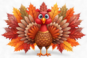 Cartoon turkey with autumn leaves isolated on transparent background