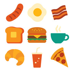 Fast food  set vector illustration of hamburgers, pizza, sandwich, and coffee cup symbols for restaurant lunch and breakfast meal design