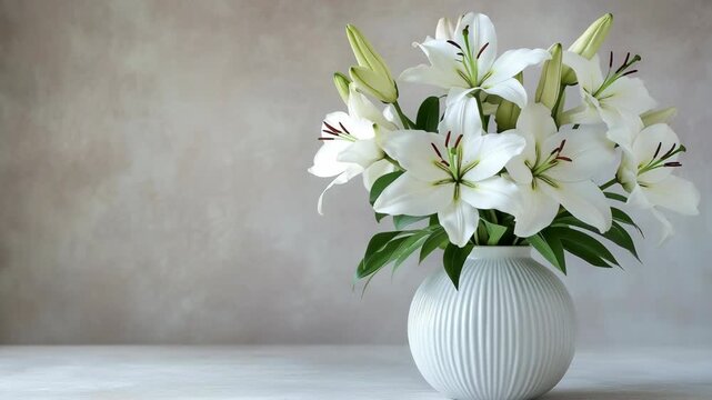 An elegant white ceramic vase with delicate grooves, filled with blooming white lilies arranged beautifully against a light textured wall, purity, grace, freshness, and refined floral home d&eacute;cor.