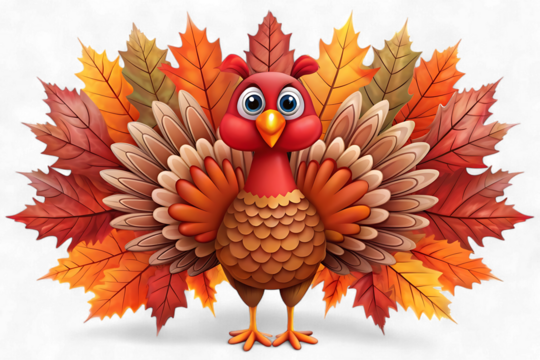 Cartoon turkey with autumn leaves isolated on transparent background