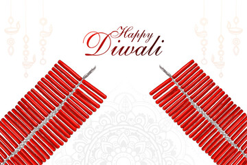 Happy Diwali Festival Celebration Background with Red Firecrackers, Glowing Decorative Diyas, Sparkling Lights, and Vibrant Indian Holiday Greeting Card Design for Festival of Lights
