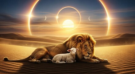 Lion and Lamb resting together under cosmic eclipse sun