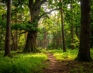 Naklejka premium Forest path sunlight trees nature woodland
