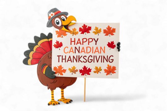 Cartoon turkey holding a sign for canadian thanksgiving isolated on transparent background