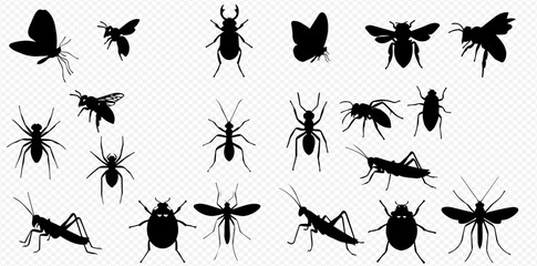 A diverse collection of black insect silhouettes, including common bugs like ants, bees, and spiders, on a transparent background.
