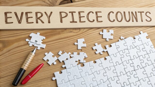 Inspirational Puzzle Piece Concept with Handwritten Message Every Piece Counts on Wooden Surface for Motivation and Teamwork
