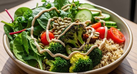 Vibrant Healthy Vegan Power Bowl with Fresh Greens, Quinoa, and Roasted Broccoli