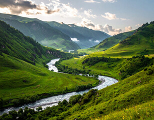 Naklejka premium Mountain river valley green landscape
