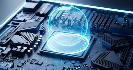 Futuristic holographic globe on a circuit board with glowing edges - Powered by Adobe