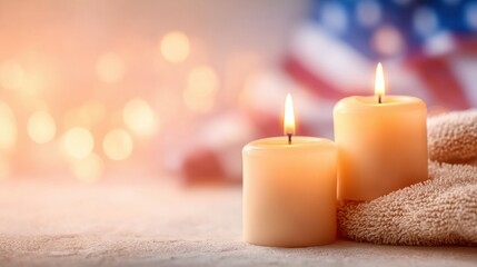 Candles glow softly beside a towel with a patriotic backdrop and warm lights