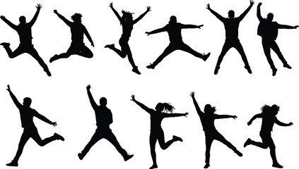 Jumping people silhouettes, dynamic motion poses, celebration and joy concept, expressive body movement, cad drawing flat vector illustration, energetic design