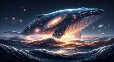 Cosmic Whale Swimming Through Starry Ocean Waves