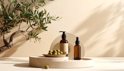Product display featuring olive branch, oil bottles, and olives