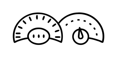 Two speedometer style gauges with different markings and needle positions in a simple line drawing