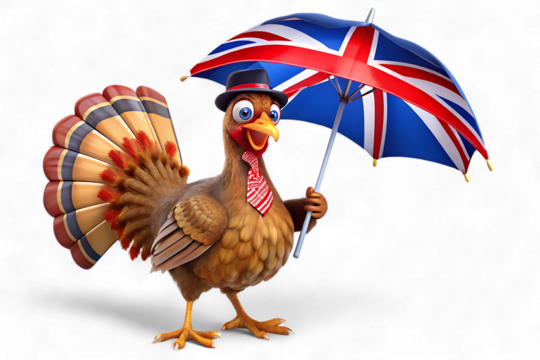 Cartoon turkey holding a british flag umbrella isolated on transparent background