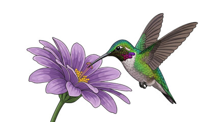 Obraz premium vibrant illustration of a hummingbird gracefully feeding on nectar from a purple flower, showcasing nature's beauty.