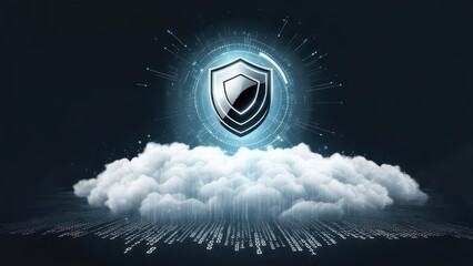 A glowing shield rests above fluffy clouds with a digital background