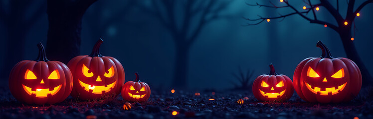 halloween banner featuring neon outline style dark color palette space