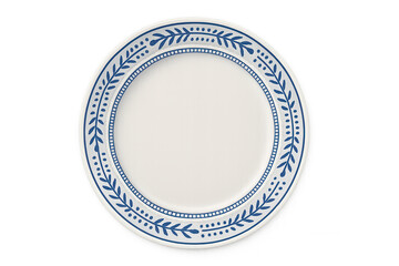 Naklejka premium White ceramic plate with a classic blue leaf and dot pattern border, seen from a top view, on a transparent background