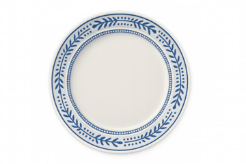 White ceramic plate with a classic blue leaf and dot pattern border, seen from a top view, on a transparent background