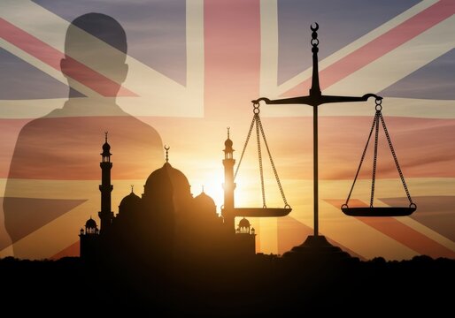 Silhouette of a man, mosque, scales of justice, and union jack flag at sunset