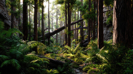 Fototapeta premium Lush forest scene showcases towering trees and vibrant ferns, embodying beauty of nature revival of extinct species