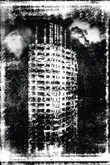 Apocalyptic urban landscape with destroyed building. Grunge scratch background. Creative black and white illustration	