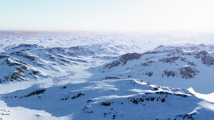 A vast expanse of mountains covered in thick snow stretches into the distance. The sun begins to rise, casting a gentle light across the serene winter terrain, creating a peaceful atmosphere.