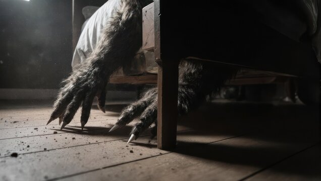 A hairy creature's claws emerge from under a bed in a dimly lit room, creating a suspenseful scene