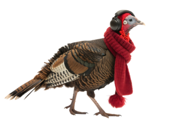 Turkey wearing a red scarf and earmuffs isolated on transparent background