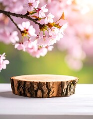 Product display platform of a wood slice with cherry blossoms