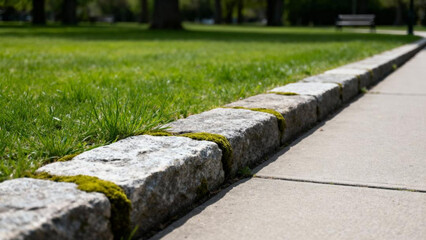 Stone curb edging between a concrete footpath and grassy park. Concept of urban infrastructure, landscape design, and public space maintenance.