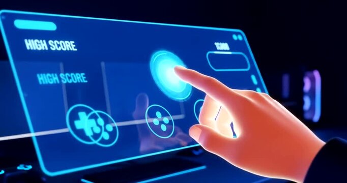 Futuristic gaming interface with hand interacting, showcasing high scores - Powered by Adobe