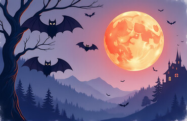 Fototapeta premium halloween banner featuring bats watercolor style dark color palette space