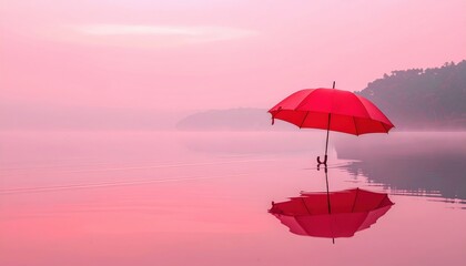 Red Umbrella Reflecting on Pink Lake