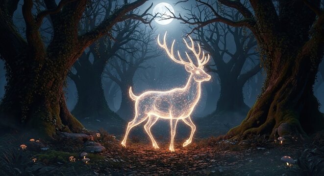 Enchanting Luminous Stag Wanders Through Mystical Moonlit Forest