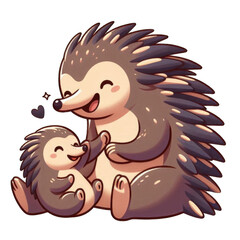 Happy mother and baby echidna sharing a moment