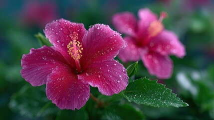 Vibrant Pink Hibiscus Blossoms Covered in Dew Drops in Close Up Tropical Setting