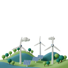 EcoFriendly Landscape with Wind Turbines and Solar Panels. Sustainable Clean Energy Concept 3D Render.